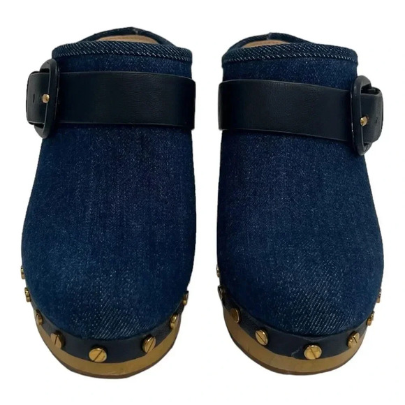 Veronica Beard Dacey Buckle Platform Clogs Eclipse Blue Denim Mules Slip On 6 - Picture 3 of 12